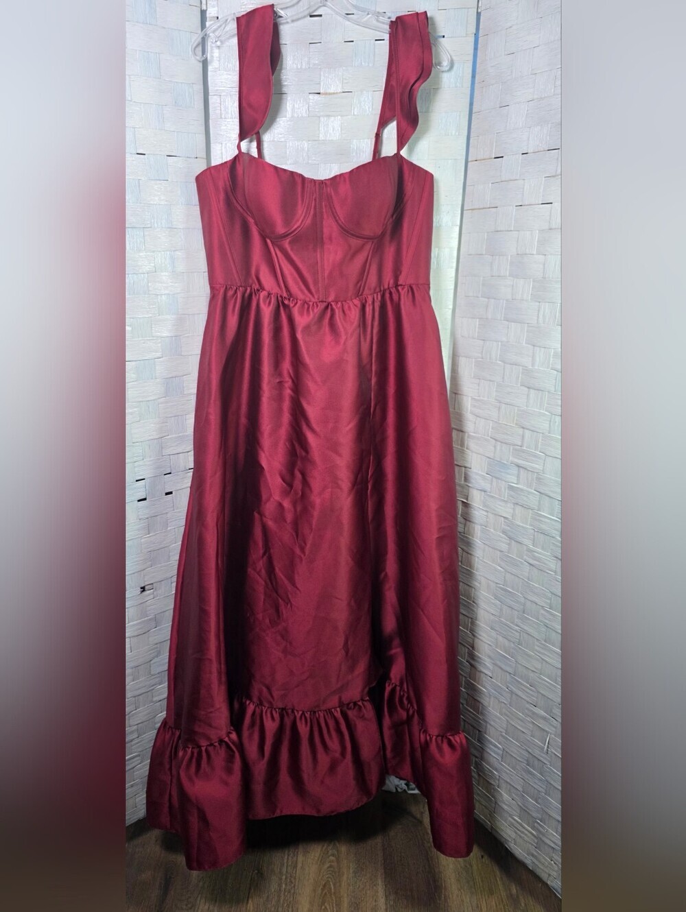 Dessy Collection Burgundy Satin Corset Gown with Slit - Picture 8 of 14